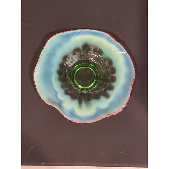 Jefferson Glass Green Opalescent Bowl Dish Cranberry Frit Smooth Rib Vaseline? - Picture 1 of 13